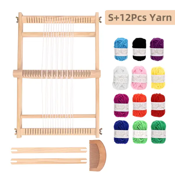Small weaving loom with 12-color yarn set — 39 × 27 cm frame